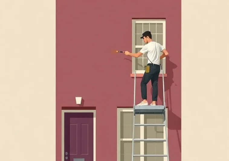Peintre sur échafaudage traitant la façade d'une maison