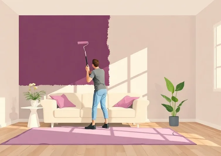 Peintre appliquant la peinture au rouleau sur un mur de salon